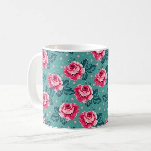 Mug Pretty Pink Roses and Polka Dot Pattern on Teal (Devant gauche)