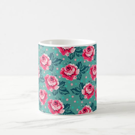Mug Pretty Pink Roses and Polka Dot Pattern on Teal (Centre)