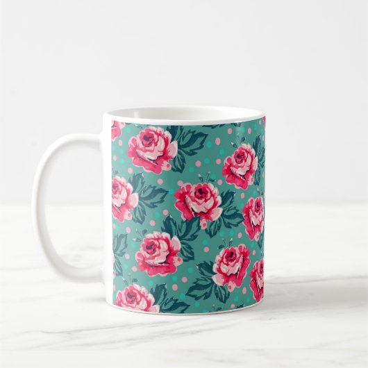 Mug Pretty Pink Roses and Polka Dot Pattern on Teal (Gauche)