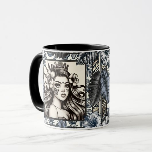 Mug Princesse Polynésienne Fleurie Tribale Bleue (Devant gauche)