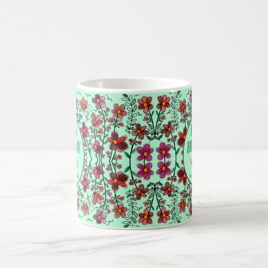 MUG PRINTEMPS UNIQUE ROUGE DOODLE FLEURS ANNIVERSAIRE (Centre)