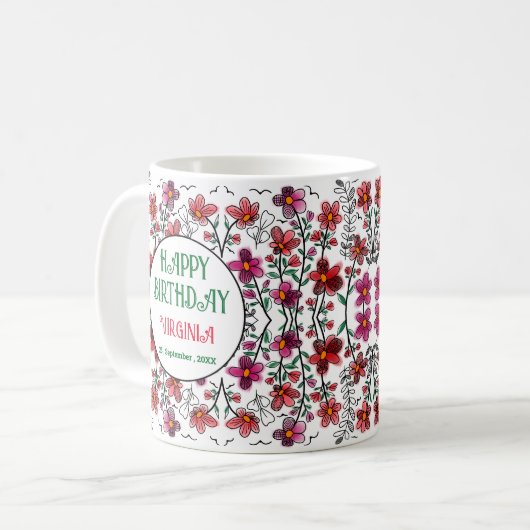 MUG PRINTEMPS UNIQUE ROUGE DOODLE FLEURS ANNIVERSAIRE (Devant gauche)