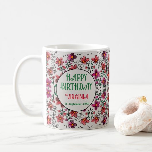 MUG PRINTEMPS UNIQUE ROUGE DOODLE FLEURS ANNIVERSAIRE (Avec donut)