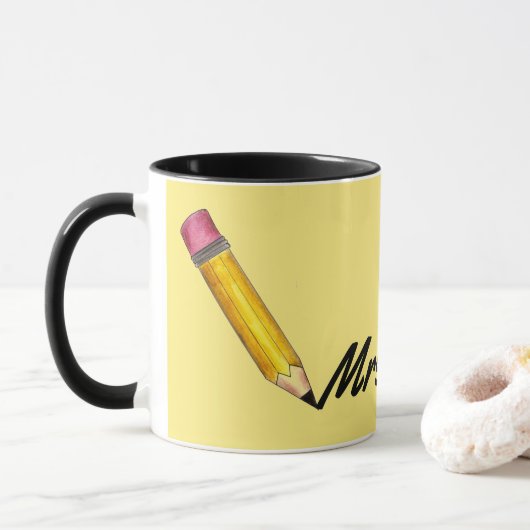 Mug Professeur personnalisé rose jaune #2 Pencil Schoo (Avec donut)