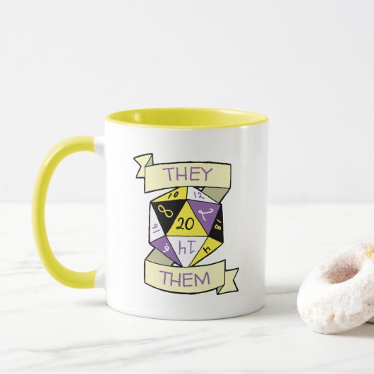 Mug Prononononouns personnalisables Dés non binaires D (Avec donut)