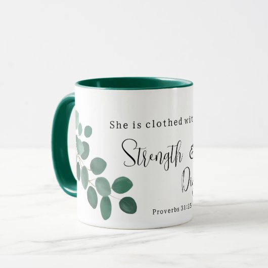 Mug Proverbes 31:25 Écriture Inspirationnelle Eucalypt (Devant gauche)