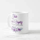 Mug Proverbes 31:25 Force et Dignité Fleur pourpre (Devant gauche)