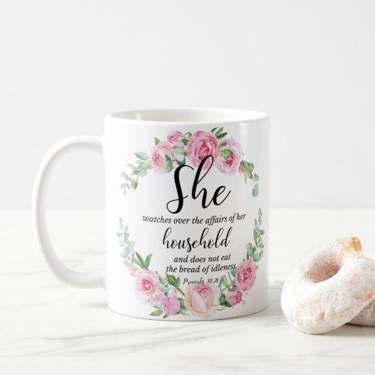 Mug Proverbes 31:27 Écriture de la Fête des Mères Pink (Avec donut)