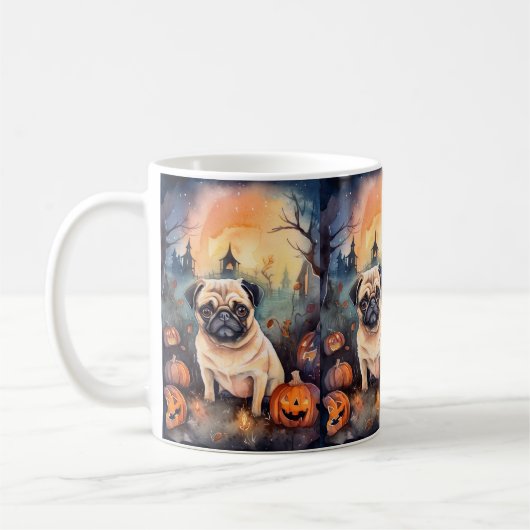 Mug Pug d'Halloween avec citrouilles effrayant (Gauche)