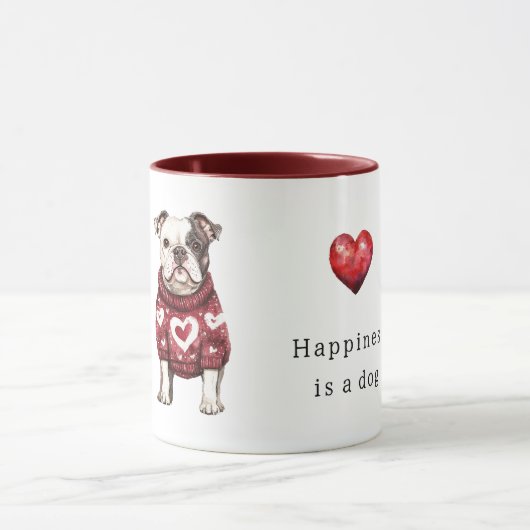 Mug Pull rouge Cœurs blancs Le bonheur est un chien (Centre)