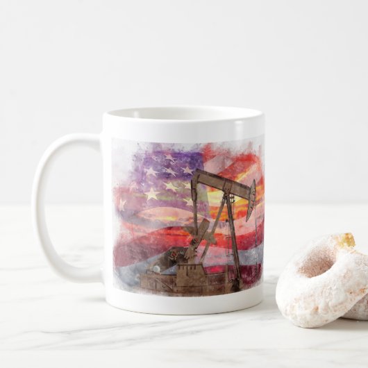 Mug Pumpjack silhouette pastille Drapeau américain (Avec donut)
