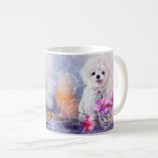 Mug Puppy blanc bouffon et fleurs dans un vase (Devant droit)