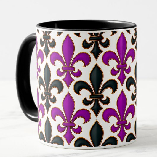 Mug Purple Black Baroque Fleur-de-lis Pattern Design