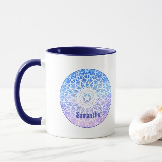 Mug Purple, Blanc Et Bleu Espace Floral Mandala (Avec donut)