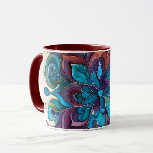 Mug Purple & Blue Watercolor Floral Mandala (Devant gauche)