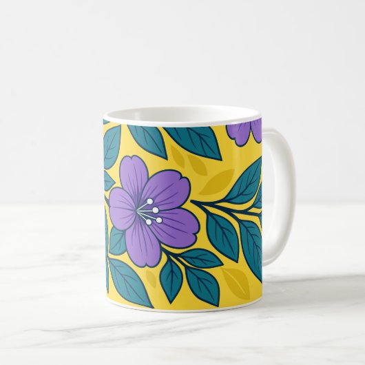 Mug Purple Flowers & Teal Leaves on Yellow Background (Devant droit)