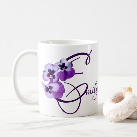 Mug Purple pansy floral Emily nom personnalisable boho (Avec donut)