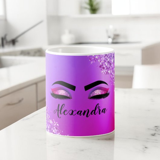 Mug Purple Pink Monogram Glitter Eyelashes