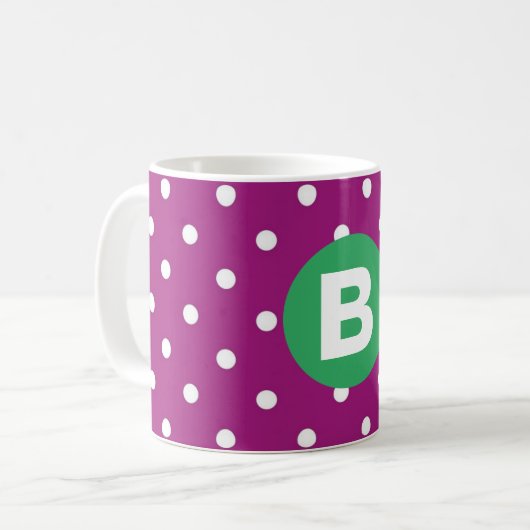 Mug Purple Polka Dot Pattern Green Monogram (Devant gauche)