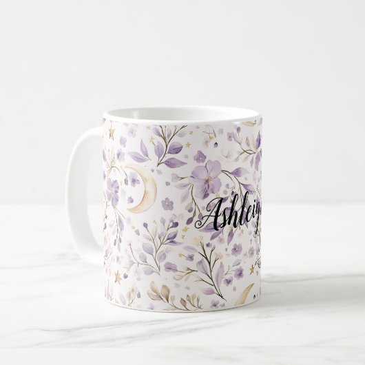 Mug Purple White Moons & Stars Floral (Devant gauche)