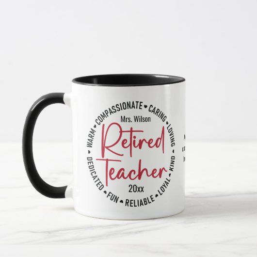 Mug Qualités de l'enseignant à la retraite Nom et anné (Gauche)