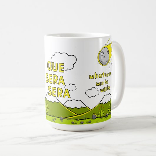 Mug Que Sera Sera Dino météorite quoi que ce soit (Devant droit)