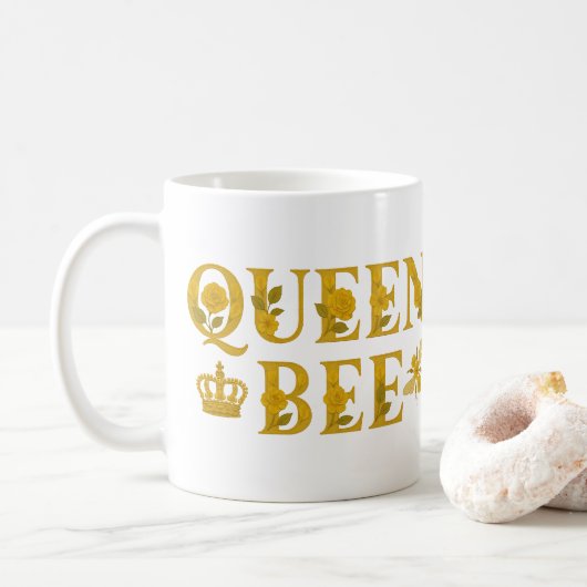 Mug Queen Bee Gold Royal Crown Floral Honey Bee (Avec donut)