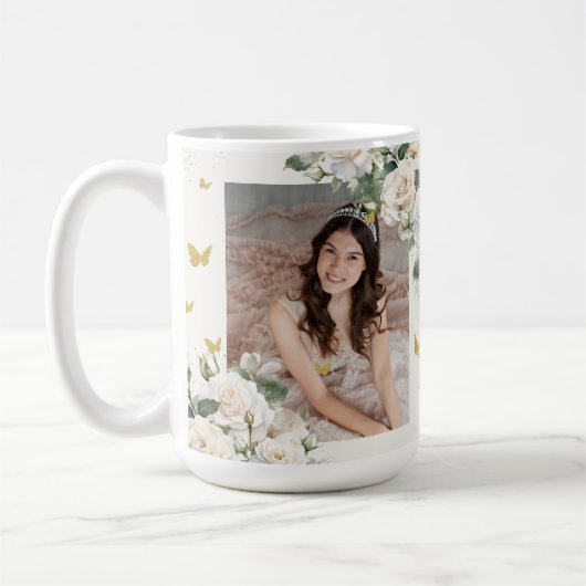 Mug Quinceañera Ivory White Floral Robe Princesse Or (Gauche)