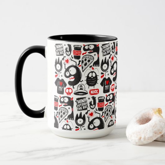Mug Quirky Black et Red Monster Doodles (Avec donut)