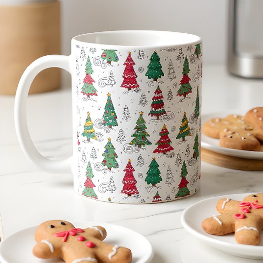 Mug Quirky Whimsical Decorated Christmas Trees Doodles