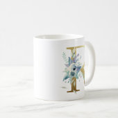 Mug R, initial doré avec feuillage floral bleu (Devant droit)