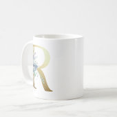 Mug R, initial doré avec feuillage floral bleu (Devant gauche)