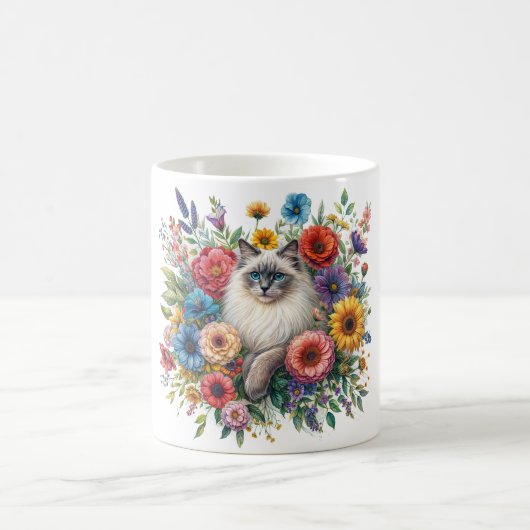 Mug Ragdoll Cat Colorful Flower Portrait (Centre)