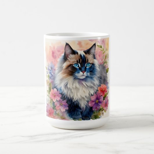 Mug Ragdoll Chat Floral Portrait Art (Centre)