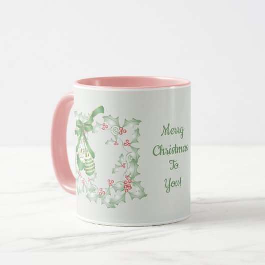 Mug Rameaux de houx vert clair rose Noël (Devant gauche)