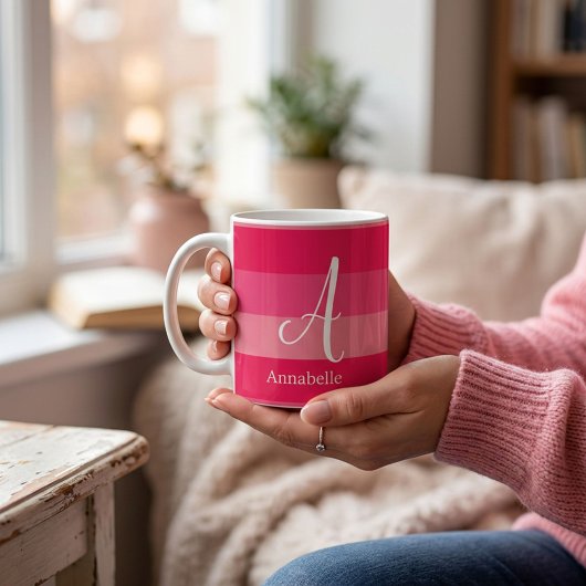 Mug Raspberry Pink Stripes Monogramme Nom Personnalisé