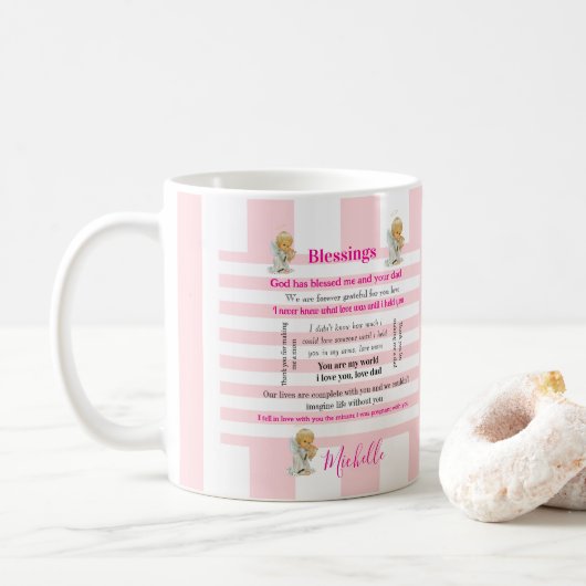 Mug rayé rose et blanc Bénédictions (Avec donut)