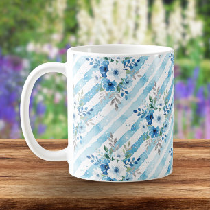 Mug Rayure florale à l'aquarelle élégante Bleu Cottage