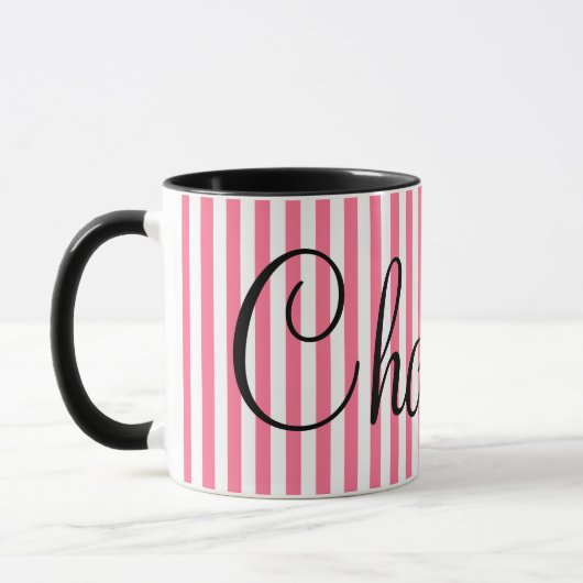 Mug Rayures blanches roses avec le nom fait sur (Gauche)