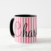 Mug Rayures blanches roses avec le nom fait sur (Devant gauche)