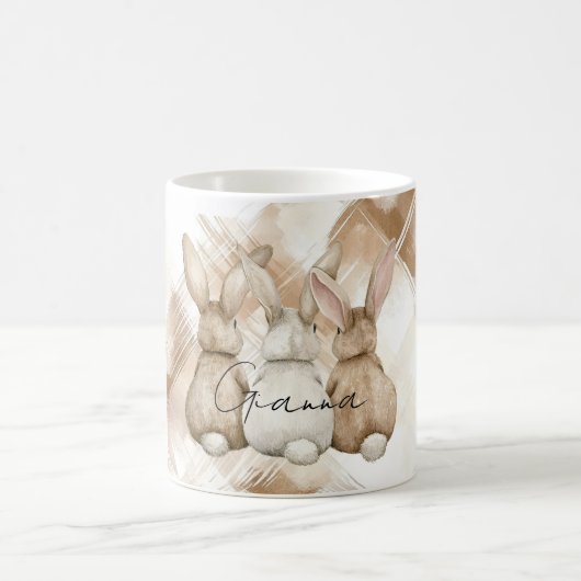 Mug Rayures Marron Crème Rustique Trois Lapins Lièvres (Centre)