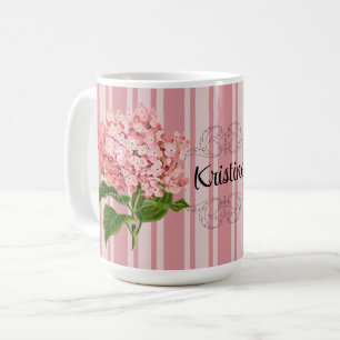 Mug Rayures roses et hortensia ajoutent un nom
