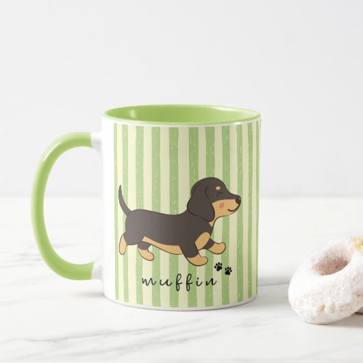 Mug Rayures Vertes Nom de Dachshund Brun Noir  (Avec donut)