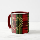 Mug Red And Green Plaid With Monogram Wreath And Name (Devant gauche)