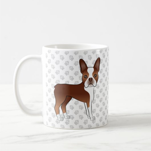 Mug Red And White Boston Terrier Cartoon Chien & Paws (Gauche)