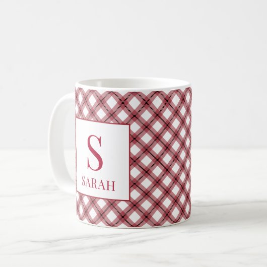 Mug Red Argyle Plaid Monogram Name (Devant gauche)