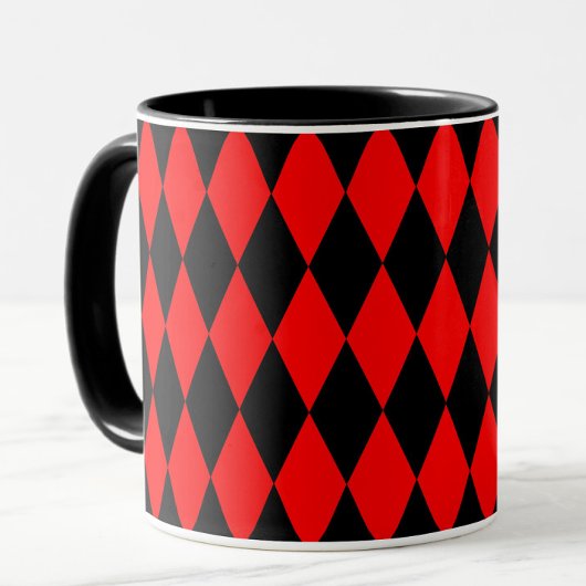 Mug Red Black Harlequin Diamonds Checkers Design