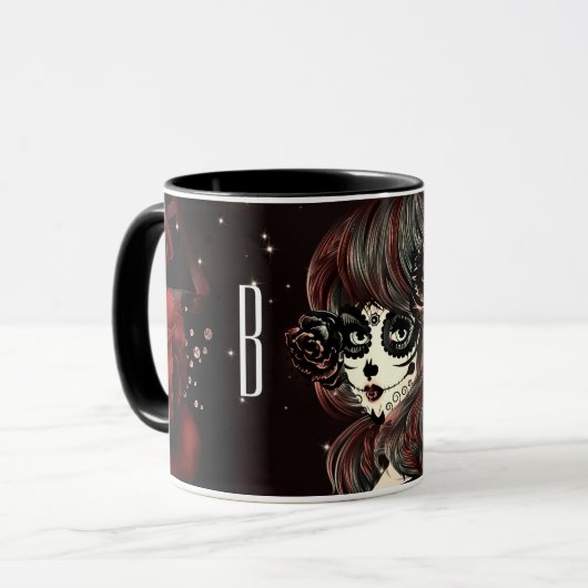 Mug Red Black Rose Sugar Skull Girl Personnalisé (Devant gauche)