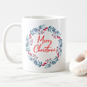 Mug Red Blue Holly Feuilles Wreath Joyeux Noël