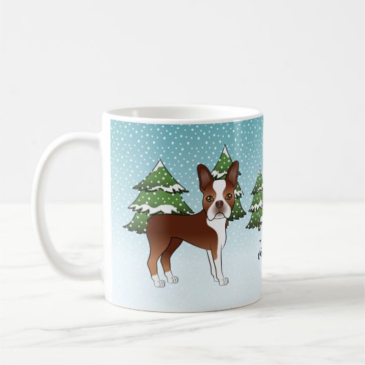 Mug Red Boston Terrier Dans Une Forêt D'Hiver Et Nom (Gauche)